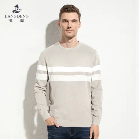 浪登男士长袖T恤圆领针织衫修身2023秋冬新款保暖条纹套头上衣男商品大图