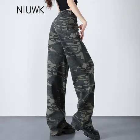 军绿色迷彩牛仔裤女2024年新款爆款直筒裤子春秋季女士工装阔腿裤图片