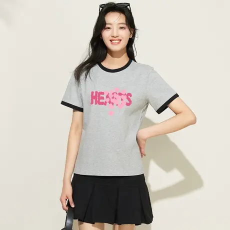 真维斯Z+女装 撞色圆领百搭显瘦短袖T恤设计感印花上衣X商品大图