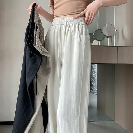 天丝高腰显瘦阔腿裤女2024春夏宽松垂感直筒冰丝裤慵懒山本棉麻裤图片