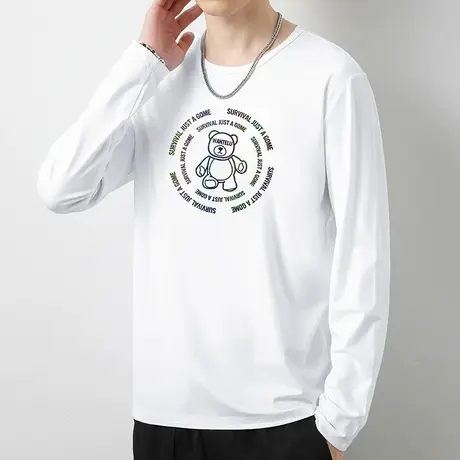 莫代尔小熊t恤男长袖秋季内搭上衣服潮牌白色打底衫修身圆领秋衣商品大图