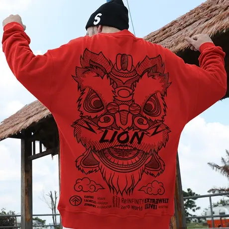 红色潮牌oversize大码男装加肥加大国潮醒狮圆领加绒卫衣男潮秋冬商品大图