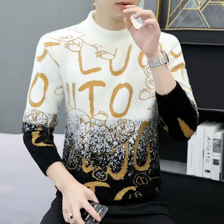 毛衣男半高领内搭针织打底衫秋冬季加绒加厚水貂绒潮流保暖上衣服商品大图