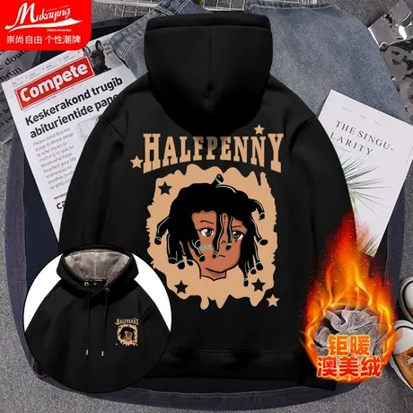 美式西海岸hiphop卫衣男连帽加绒加厚潮牌ins秋冬季2022新款外套图片