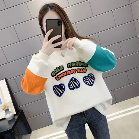 2023春装新款植绒刺绣华夫格圆领女士卫衣宽松韩版春秋上衣外套女商品大图