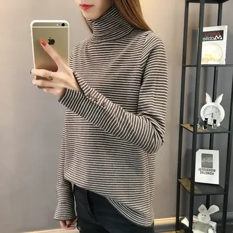 2023秋冬新款条纹高领打底衫女长袖洋气堆堆领针织毛衣内搭上衣女图片