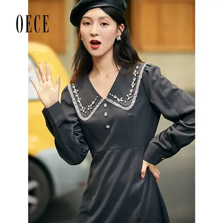 Oece复古小黑裙春秋秋装新款女气质裙子长袖仙女连衣裙图片