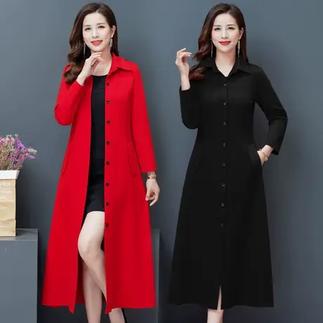 2022春秋新款过膝时尚长款风衣中年妈妈装气质显瘦翻领红色外套女图片
