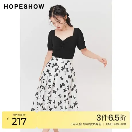 红袖outlets针织拼接连衣裙hopeshow夏季新款女装蕾丝绑带印花裙图片