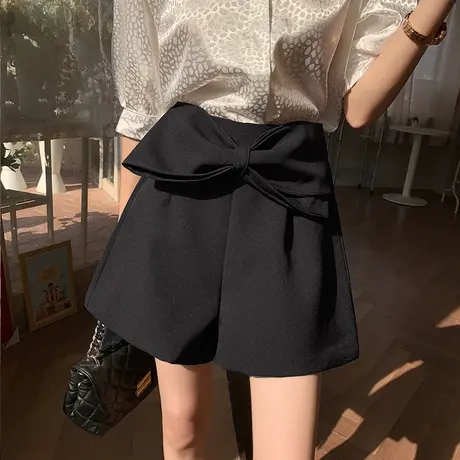 蝴蝶结西装短裤女2023夏天新款设计感黑色显瘦气质阔腿休闲裤外穿商品大图