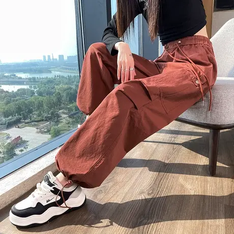 红色直筒工装裤女2023年新款高街高腰宽松显瘦休闲拖地阔腿裤子潮图片
