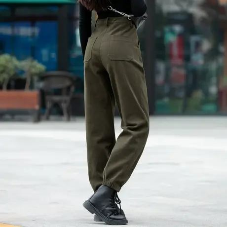 军绿色工装裤子女秋冬季加绒大码女裤小个子休闲裤女2023新款高腰商品大图