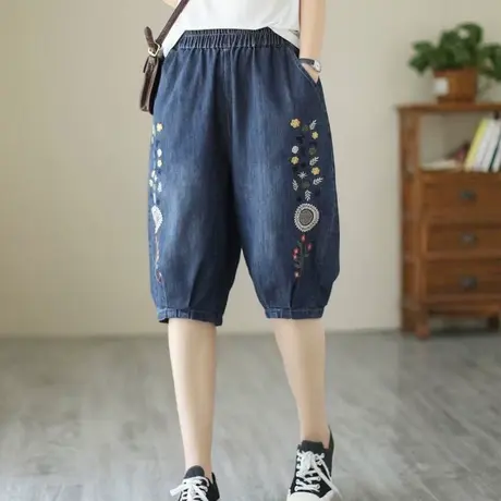 2023年新款松紧腰五分牛仔中裤女宽松哈伦六分复古刺绣56分短裤子图片