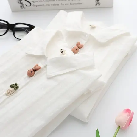 日系文艺娃娃领条纹白色衬衫女长袖2021春秋学生双层棉纱打底衬衣图片