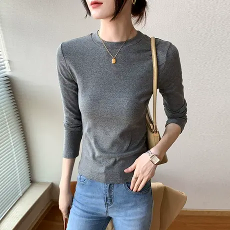 小圆领打底衫女秋冬纯色修身西装开衫内搭上衣百搭紧身长袖T恤商品大图