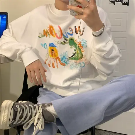 2020秋冬新款韩版宽松显高短款长袖圆领套头卫衣女盐系温柔风上衣商品大图