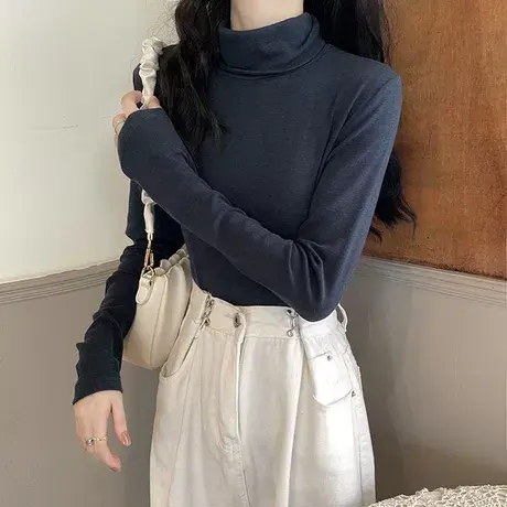 长袖t恤女打底衫内搭堆堆领黑色薄气质修身百搭洋气高领上衣ino潮商品大图