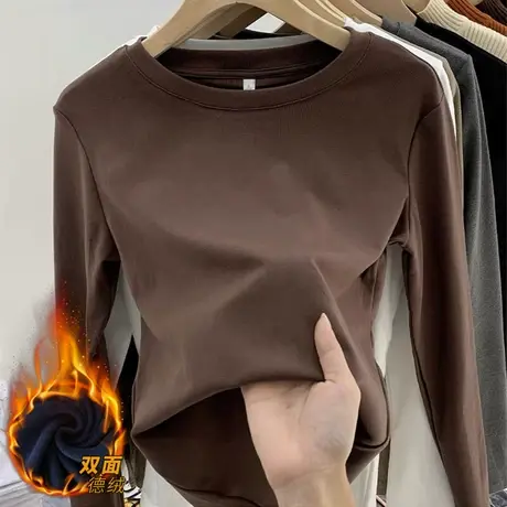 欧货双面德绒圆领长袖T恤女打底衫2023秋冬新款百搭秋衣长袖外穿商品大图