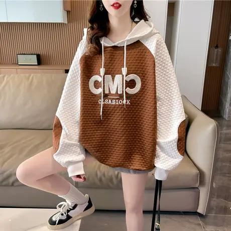 开春卫衣女春秋季韩版宽松大码早春薄款小个子华夫格拼色上衣外套图片