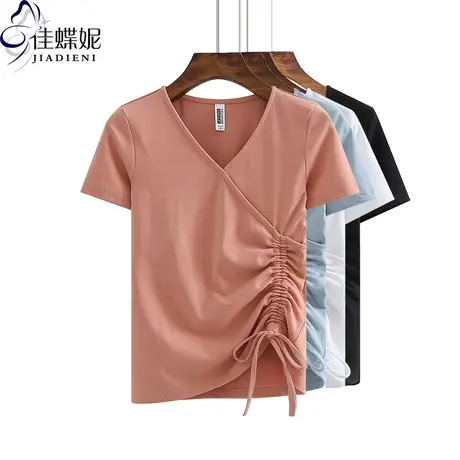 夏季新款纯棉V领修身显瘦短袖上衣体恤内搭打底衫韩版女装抽绳T恤图片