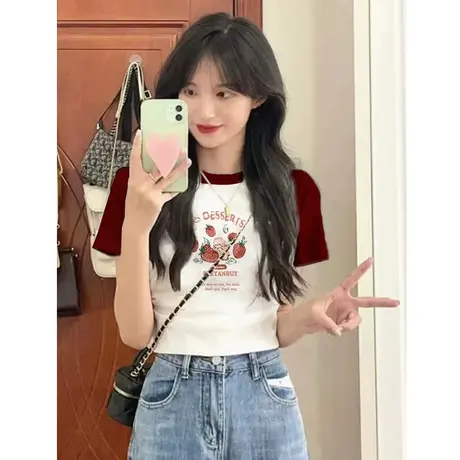 插肩撞色短袖t恤女夏季修身显瘦小众设计感甜辣妹风短款露脐上衣图片