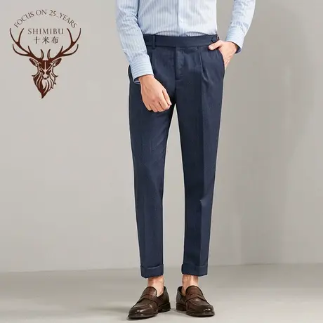 十米布鱼骨纹那不勒斯羊毛西裤男修身商务意式巴黎扣单褶裤脚翻遍商品大图