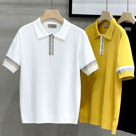 针织polo衫男短袖夏季2023新款潮流撞色拼接厚款男士翻领t恤潮牌商品大图