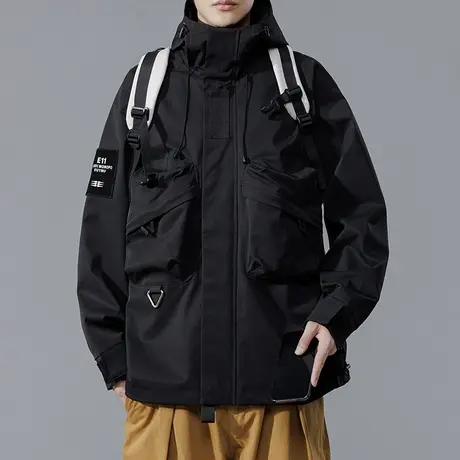 山系户外防风防水男工装夹克男女中性机能口袋连帽加绒冲锋衣外套图片