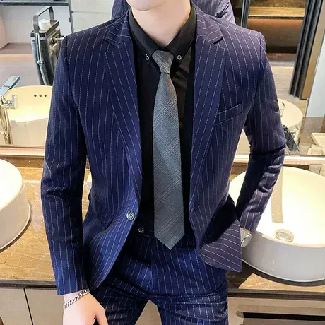 西服三件套高级感西装男商务正装西服套装修身潮条纹新郎结婚礼服商品大图