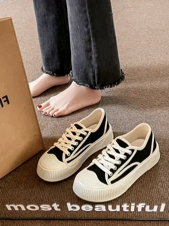 网红厚底帆布鞋女鞋子2023新款春夏百搭小香风休闲运动板鞋小白鞋商品大图