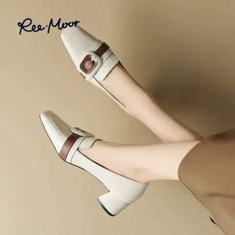 REEMOOR睿慕真皮羊皮法式舒适百搭小皮鞋乐福鞋粗跟高跟单鞋女鞋商品大图