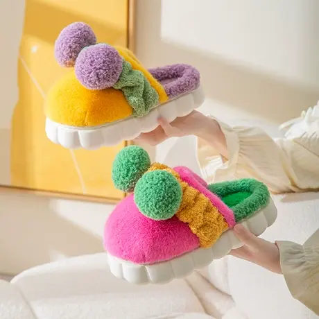 踩屎感可爱双球棉拖鞋女冬季室内家居防滑保暖防水厚底拖鞋秋冬天商品大图