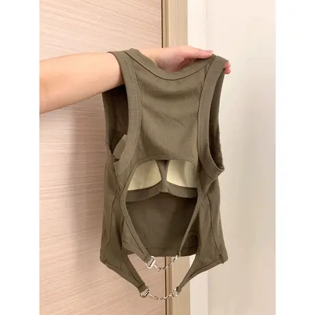 网红ins潮露背背心吊带女夏季百搭修身显瘦小个子短款带胸垫上衣图片