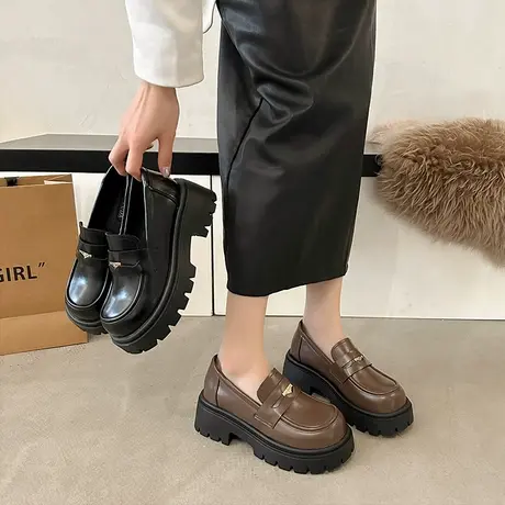 高级感厚底乐福鞋女2024春季新款复古粗跟黑色一脚蹬学院风小皮鞋图片