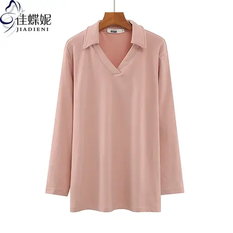 早春装立领V领体恤T恤上衣中长款宽松休闲打底衫大版大码女POLO衫图片