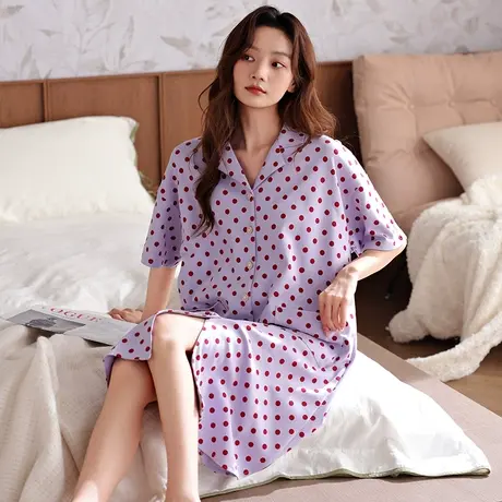婷美睡裙女夏季纯棉短袖开衫翻领夏天薄款甜美休闲睡衣裙子家居服图片