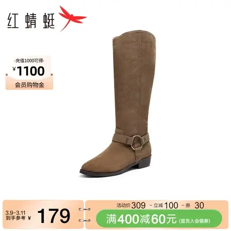 红蜻蜓西部牛仔靴春秋新款女鞋时尚复古尖头高筒靴套筒显瘦堆堆靴图片