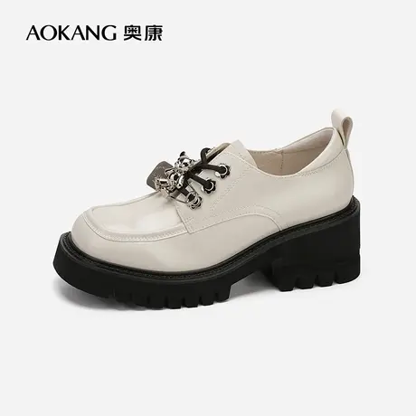 【门店发货】奥康女鞋 2022秋季乐福鞋单鞋粗跟厚底增高系带商品大图