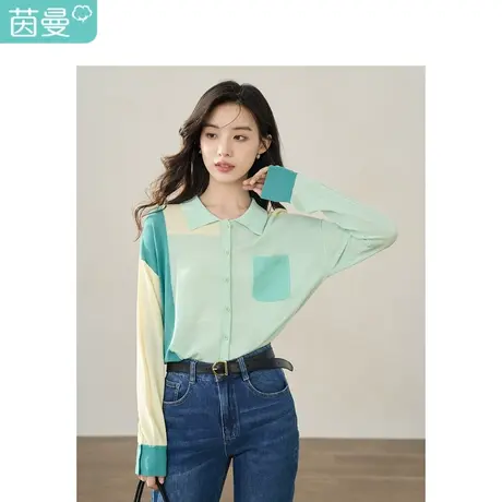 【商场同款】茵曼拼色撞色口袋毛衣2023秋季女装新款翻领宽松上衣图片