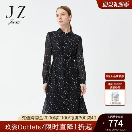 JZ玖姿官方奥莱黑色印花雪纺连衣裙春季新款优雅通勤系带收腰长裙图片
