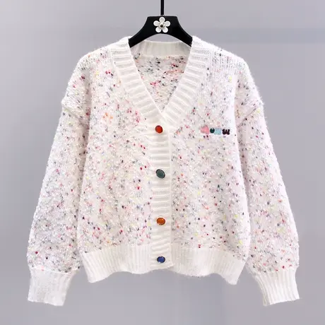 日系字母刺绣毛衣外套女秋冬2023新款宽松慵懒风软糯V领针织开衫商品大图