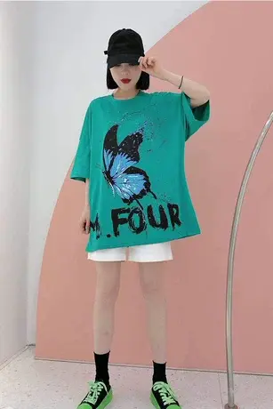 2023新款潮牌蝴蝶情侣装嘻哈oversize欧美宽松短袖女半袖t恤夏装商品大图