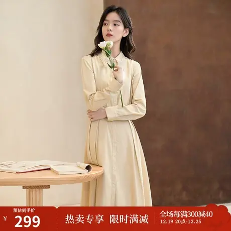 【商场同款】茵曼2023春女装新款法式优雅可调腰带绣花翻领连衣裙图片