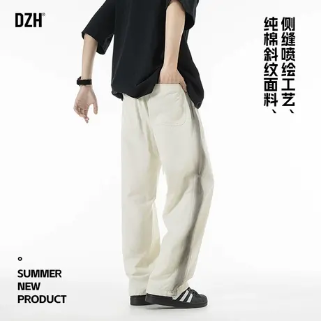 男士米白色直筒裤子男夏季薄款纯棉休闲裤长裤2025新款阔腿工装裤商品大图