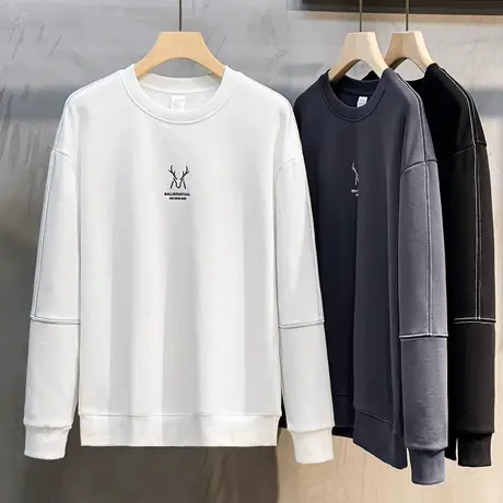 白色卫衣男2023新款圆领宽松男士秋冬加绒内搭上衣潮流t恤男长袖商品大图