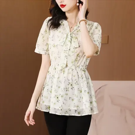 夏季女士短袖雪纺衫2023年夏天时尚宽松显瘦上衣洋气减龄漂亮衬衣商品大图