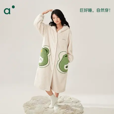 安之伴睡袍女秋冬季珊瑚绒中长款加绒加厚可外穿连帽睡裙睡衣浴袍商品大图