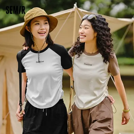 [商场同款]森马短袖T恤女修身正肩撞色夏季2024新款字母抽绳上衣图片