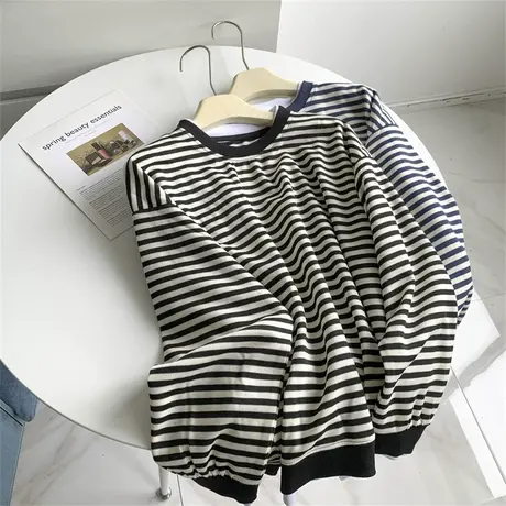 蓝色条纹假两件圆领长袖卫衣女秋季宽松休闲假两件式上衣外套女商品大图