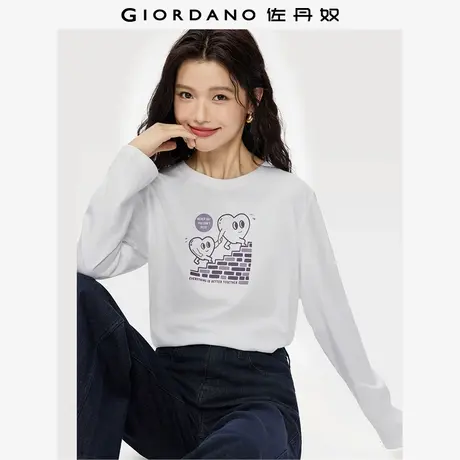佐丹奴T恤女装纯棉简笔插画印花圆领针织长袖T恤 13395793商品大图